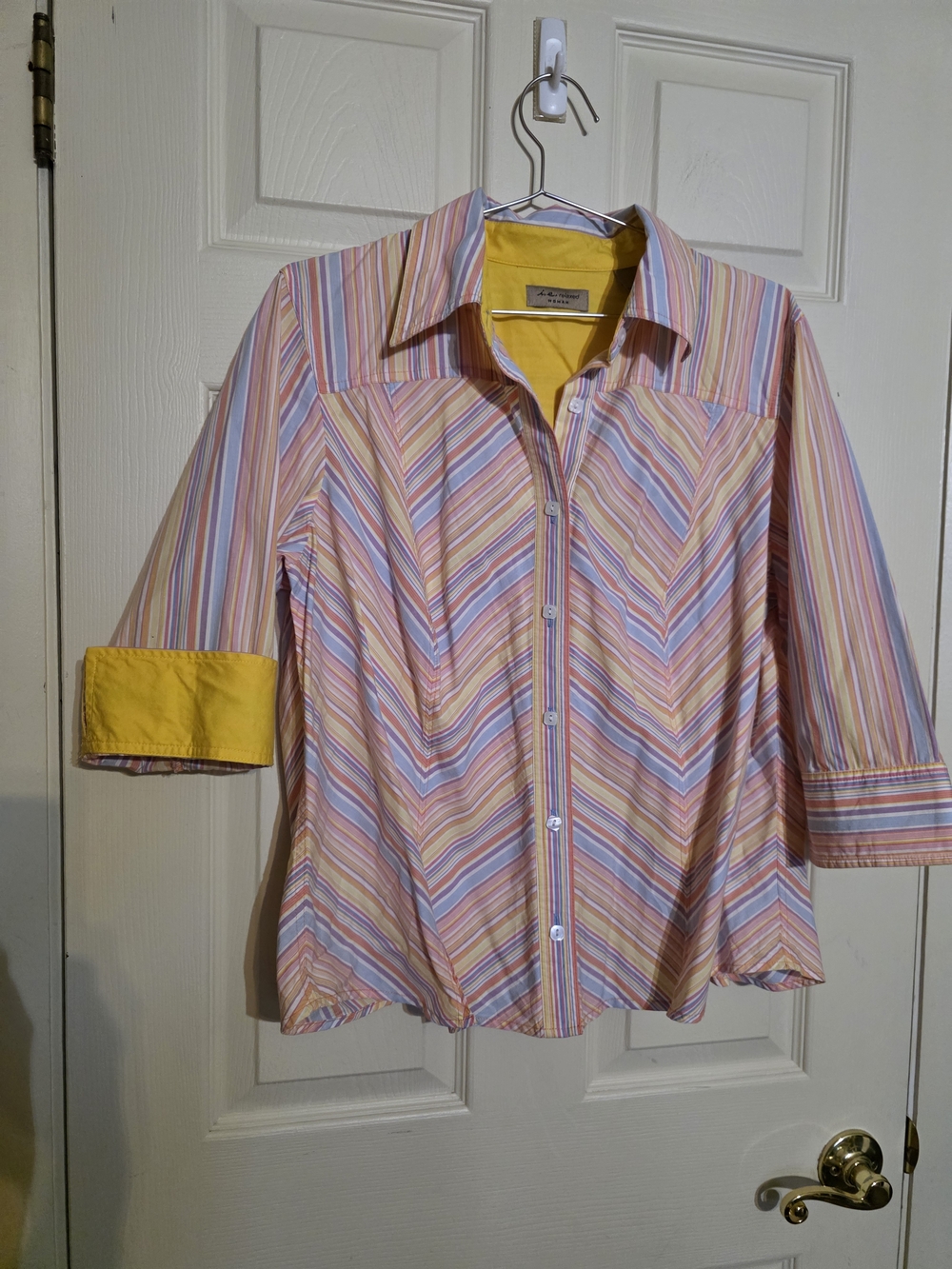 Striped Pastel Button-Down Shirt with Yellow Trim